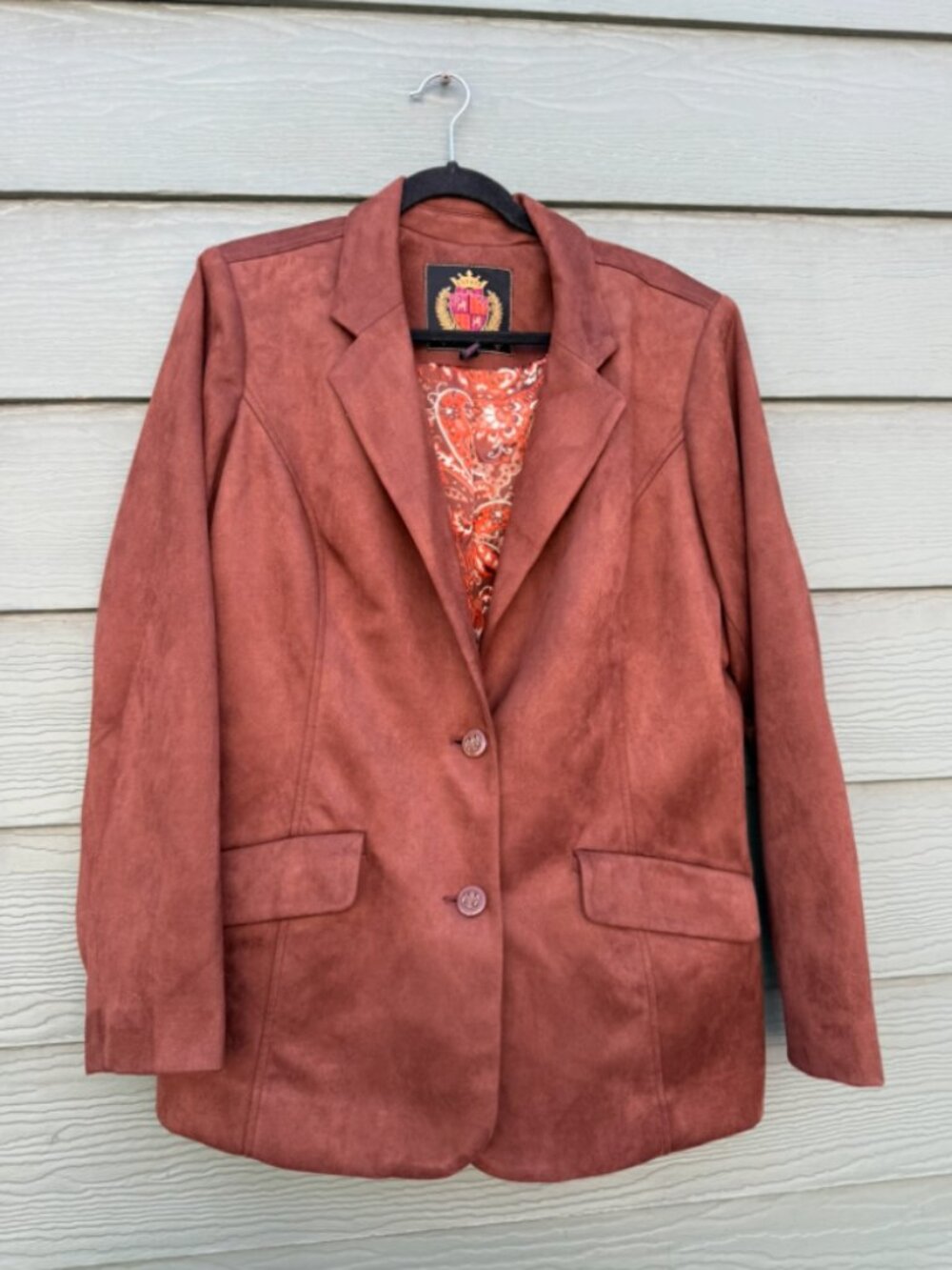 ISAAC MIZRAHI Long Sleeve Brown Faux Suede Jacket w/ Orange Printed Lining  (L)